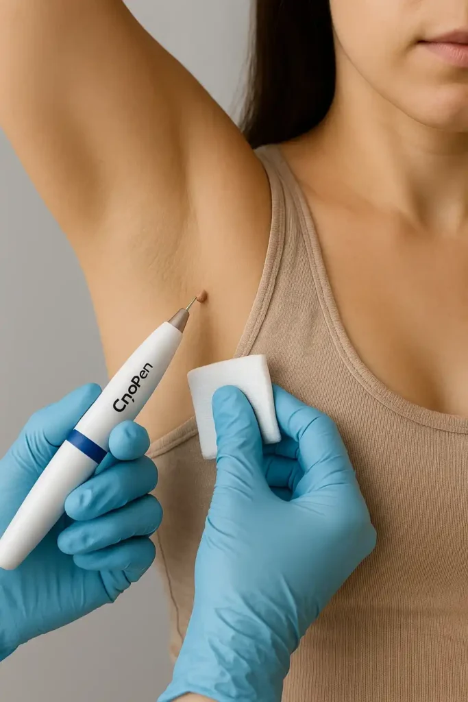 woman having cryopen to remove underarm skin tags St John's Wood