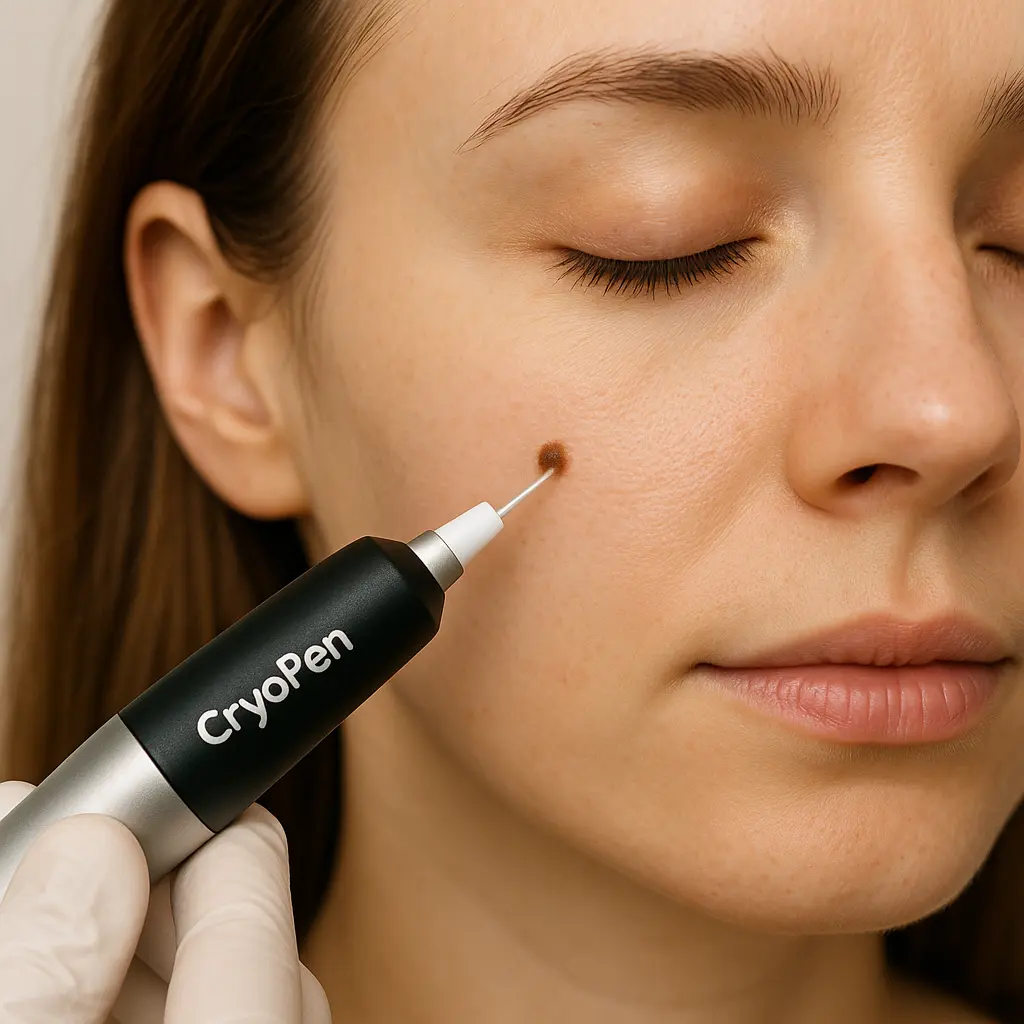 woman receiving facial mole removal St John's Wood using cryopen